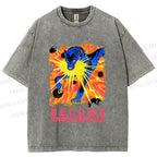 Unisex Blue Wolf Printed Washed Tee
