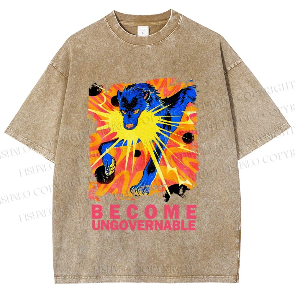 Unisex Blue Wolf Printed Washed Tee