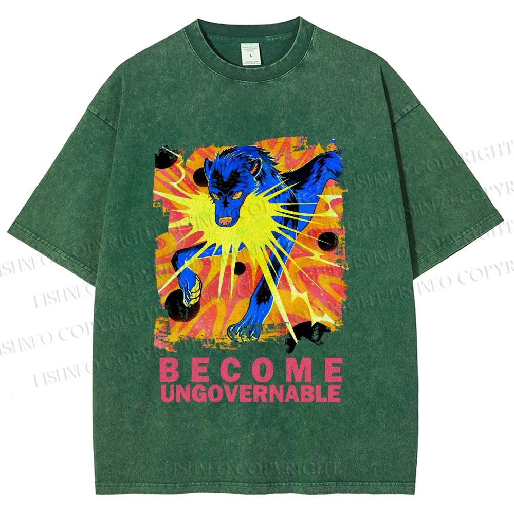 Unisex Blue Wolf Printed Washed Tee