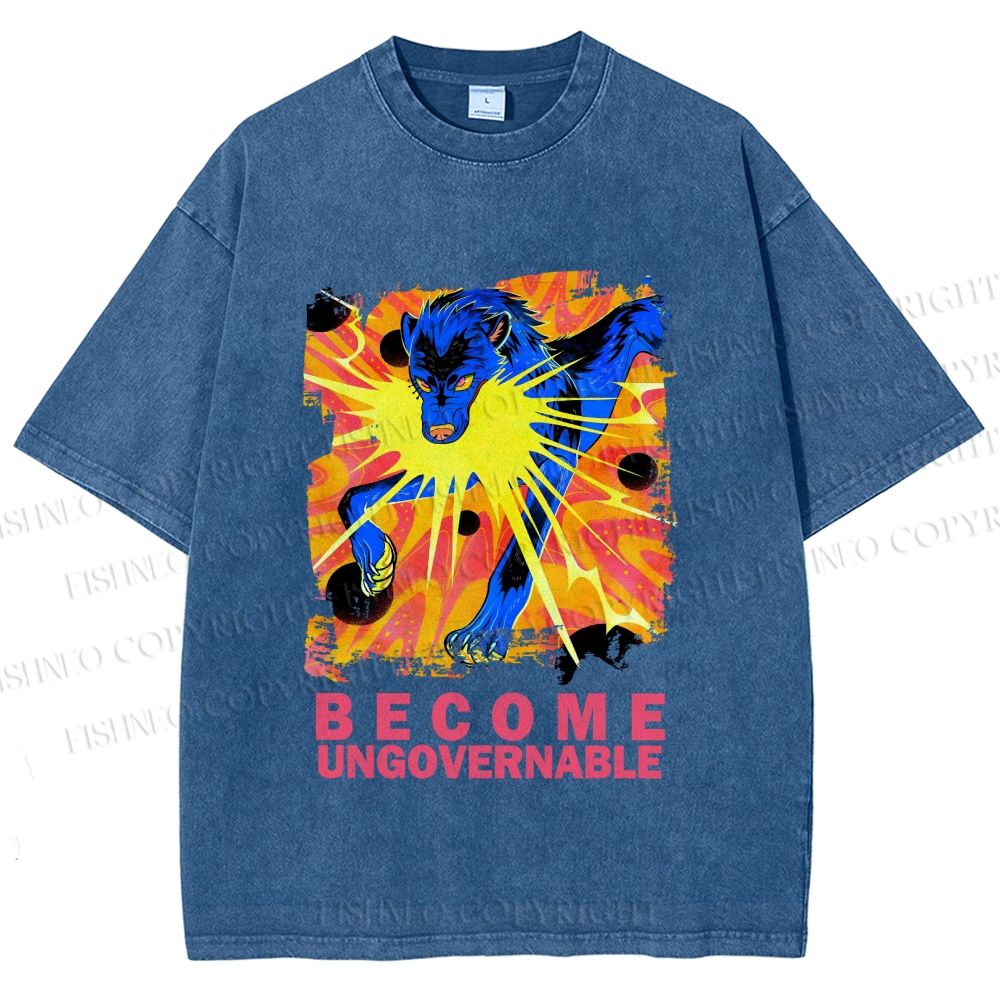 Unisex Blue Wolf Printed Washed Tee
