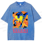 Unisex Blue Wolf Printed Washed Tee