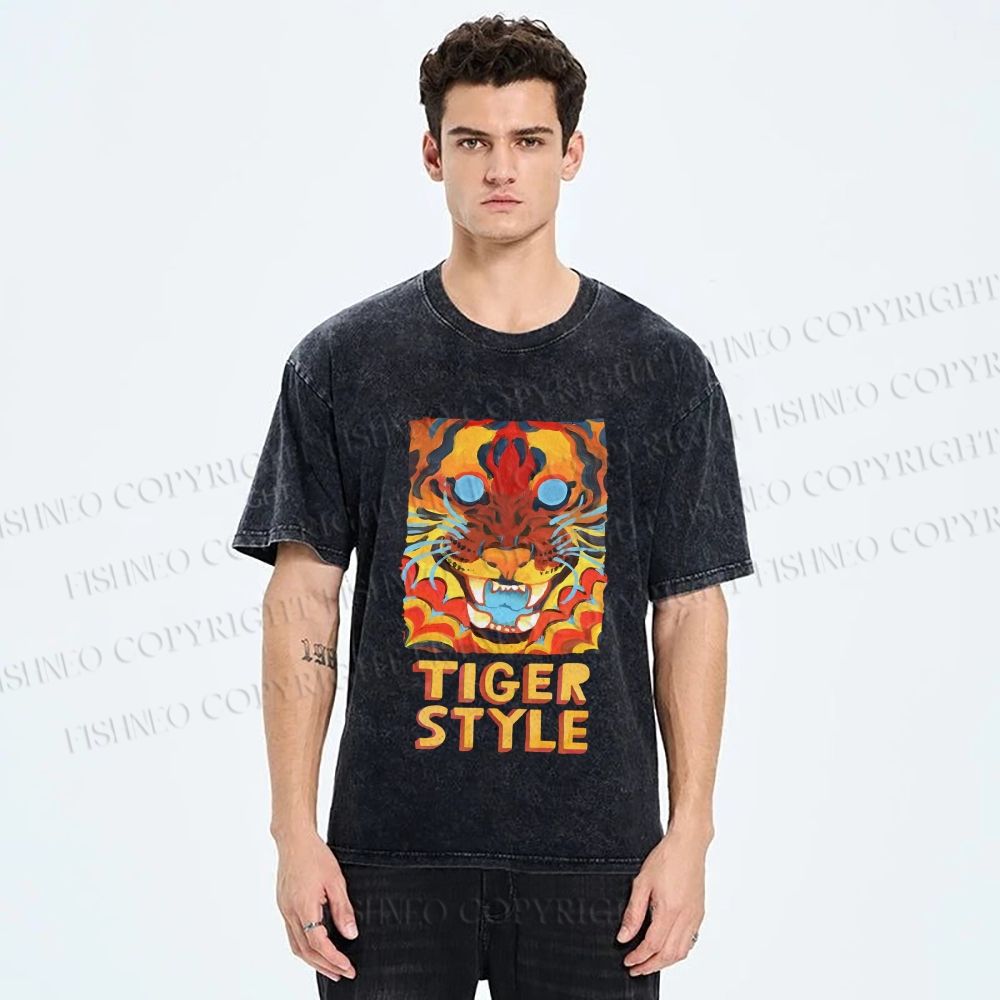 Unisex Tiger Printed Washed Tee