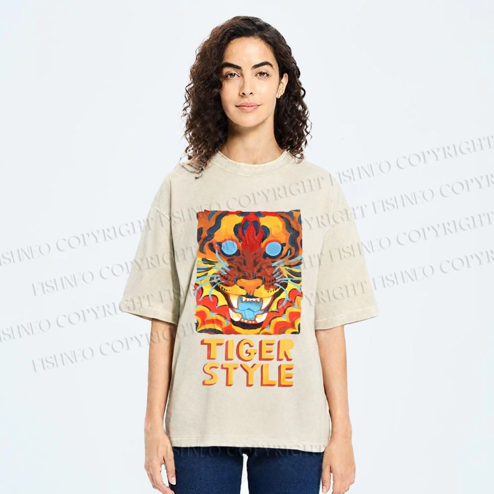 Unisex Tiger Printed Washed Tee