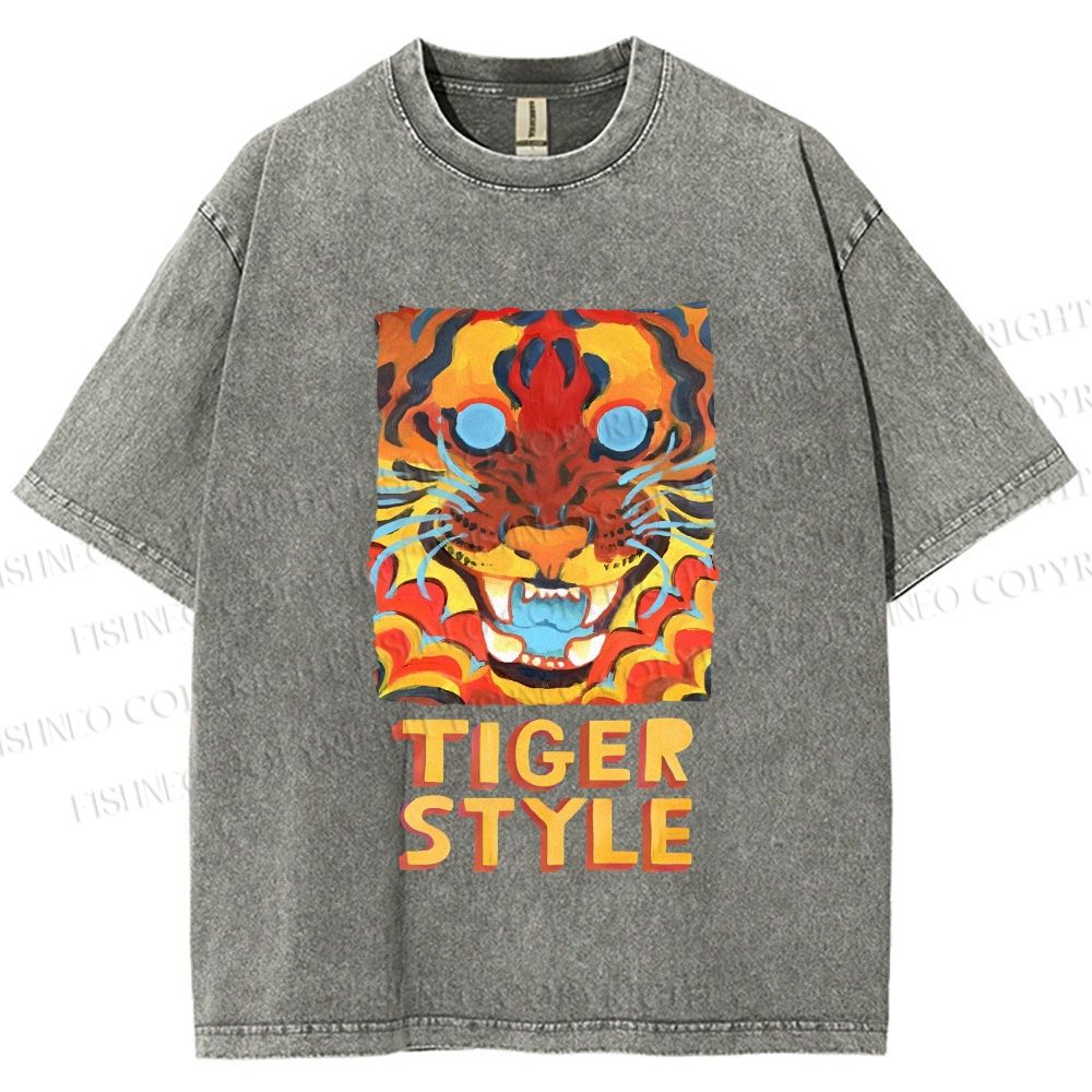 Unisex Tiger Printed Washed Tee