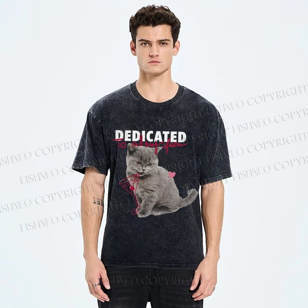Unisex Cocktail Cat Dedicated to Fans Printed Washed Tee