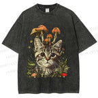 Unisex Mushroom Forest Kitten Printed Washed Tee