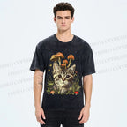 Unisex Mushroom Forest Kitten Printed Washed Tee