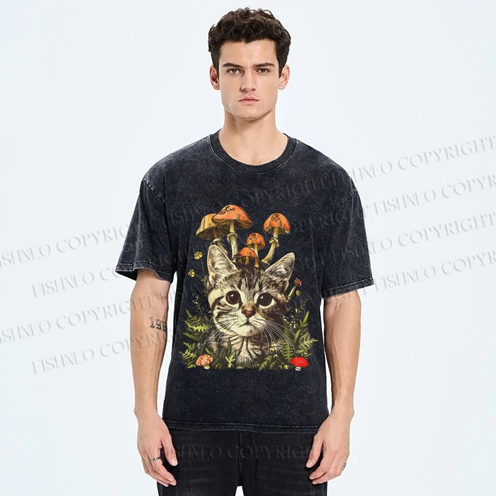 Unisex Mushroom Forest Kitten Printed Washed Tee