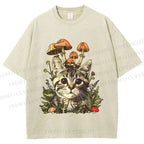 Unisex Mushroom Forest Kitten Printed Washed Tee