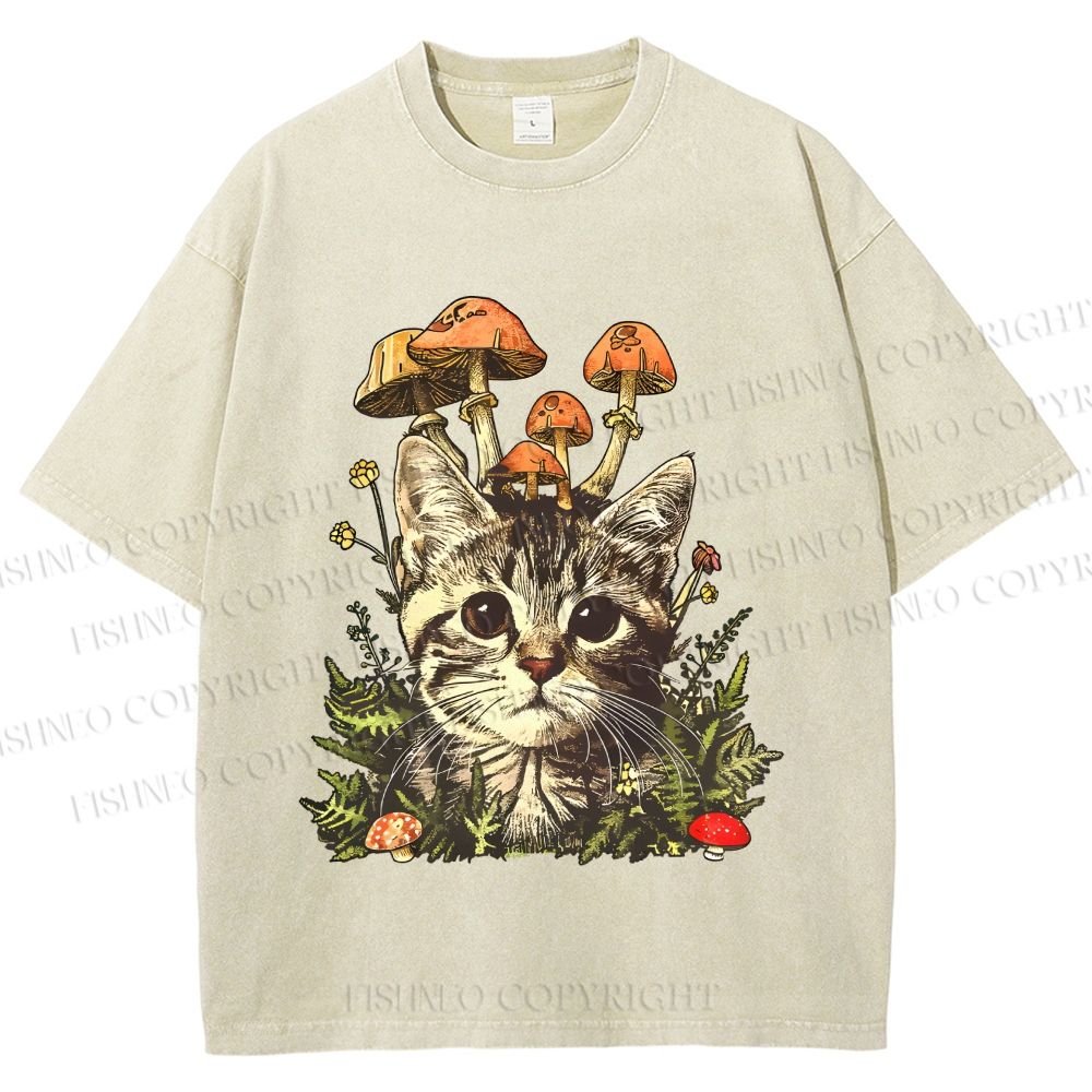 Unisex Mushroom Forest Kitten Printed Washed Tee