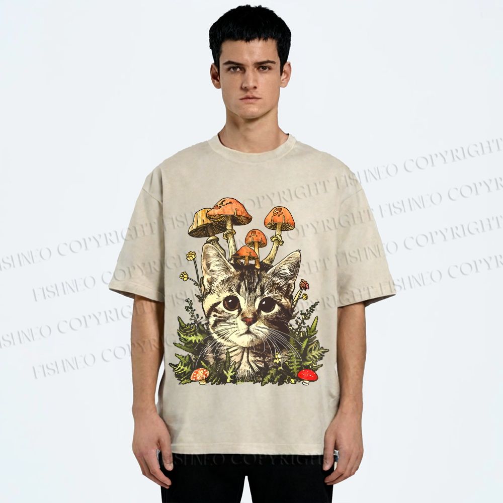 Unisex Mushroom Forest Kitten Printed Washed Tee
