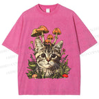 Unisex Mushroom Forest Kitten Printed Washed Tee
