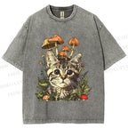 Unisex Mushroom Forest Kitten Printed Washed Tee
