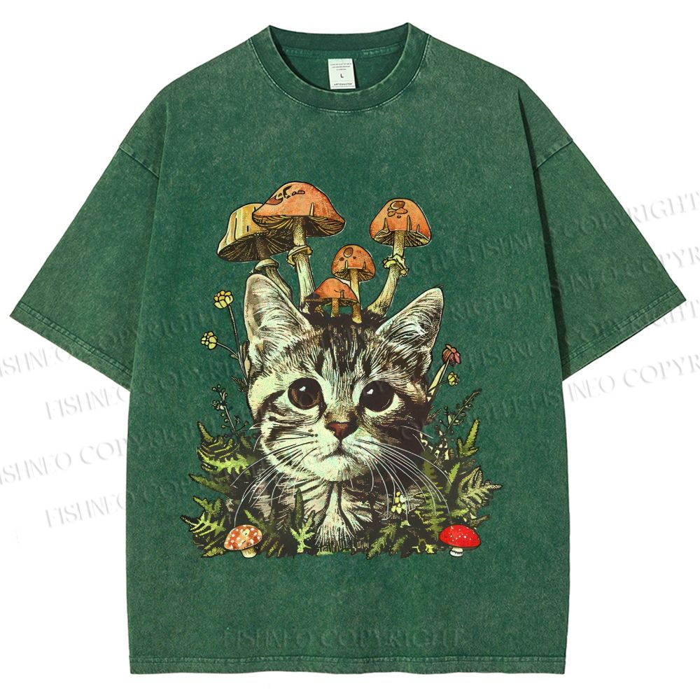 Unisex Mushroom Forest Kitten Printed Washed Tee