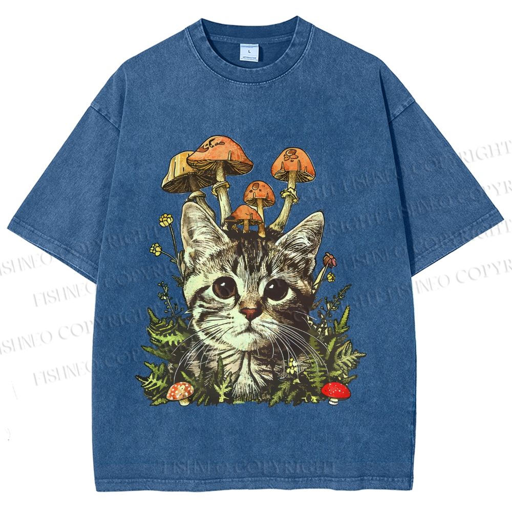 Unisex Mushroom Forest Kitten Printed Washed Tee