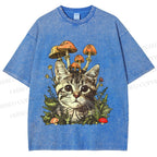 Unisex Mushroom Forest Kitten Printed Washed Tee