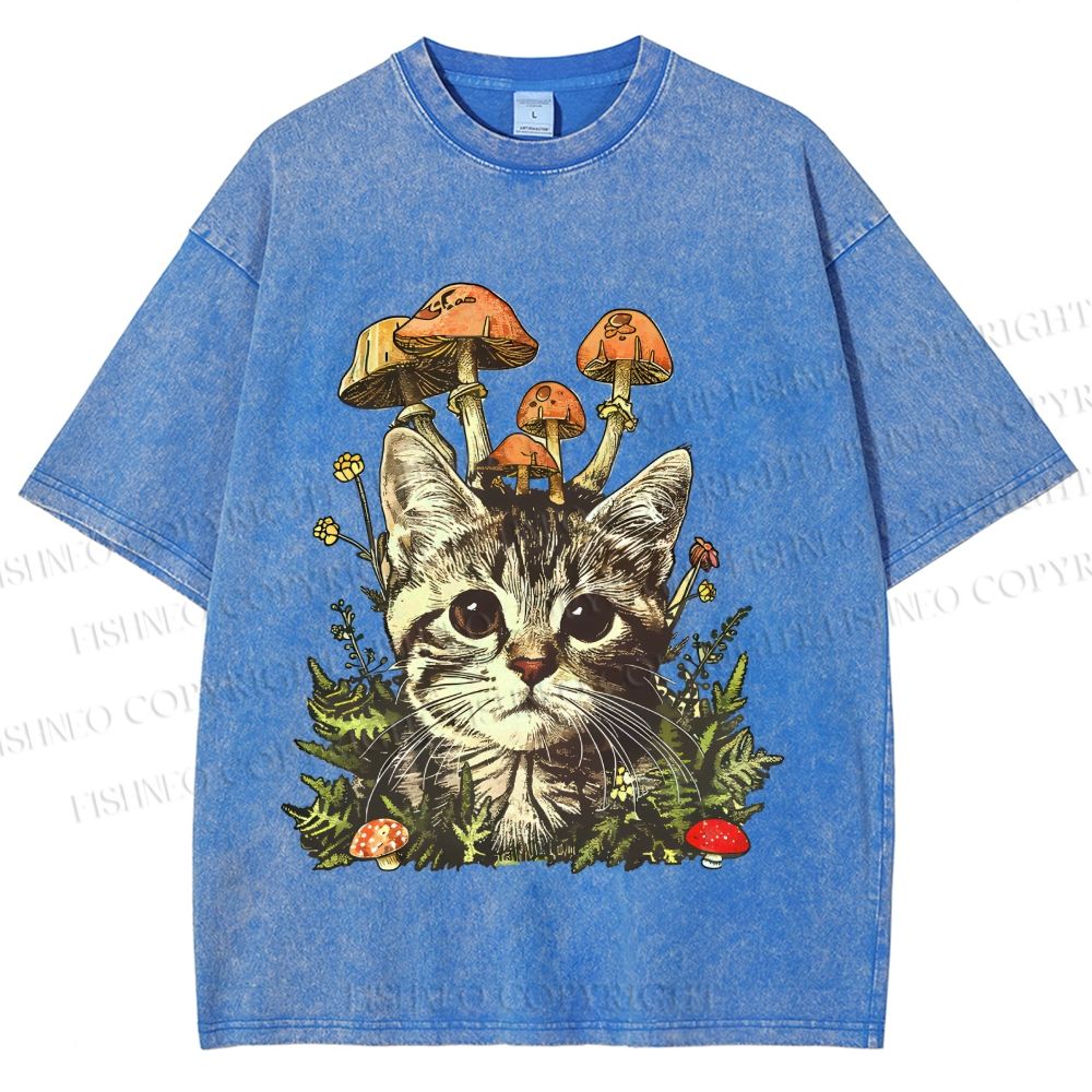 Unisex Mushroom Forest Kitten Printed Washed Tee