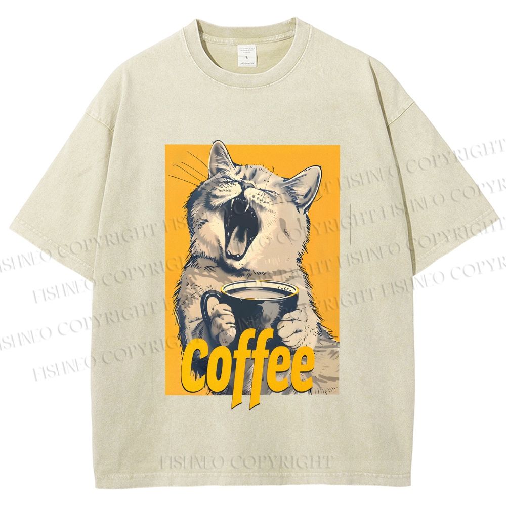 Unisex Coffee Lover Cat Art Printed Washed Tee