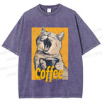 Unisex Coffee Lover Cat Art Printed Washed Tee