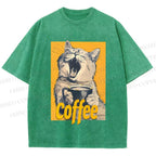 Unisex Coffee Lover Cat Art Printed Washed Tee