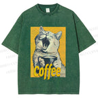 Unisex Coffee Lover Cat Art Printed Washed Tee
