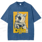 Unisex Coffee Lover Cat Art Printed Washed Tee