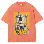 Unisex Coffee Lover Cat Art Printed Washed Tee