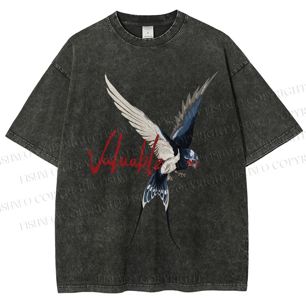 Unisex Flying Swallow Valuable Art Printed Washed Tee