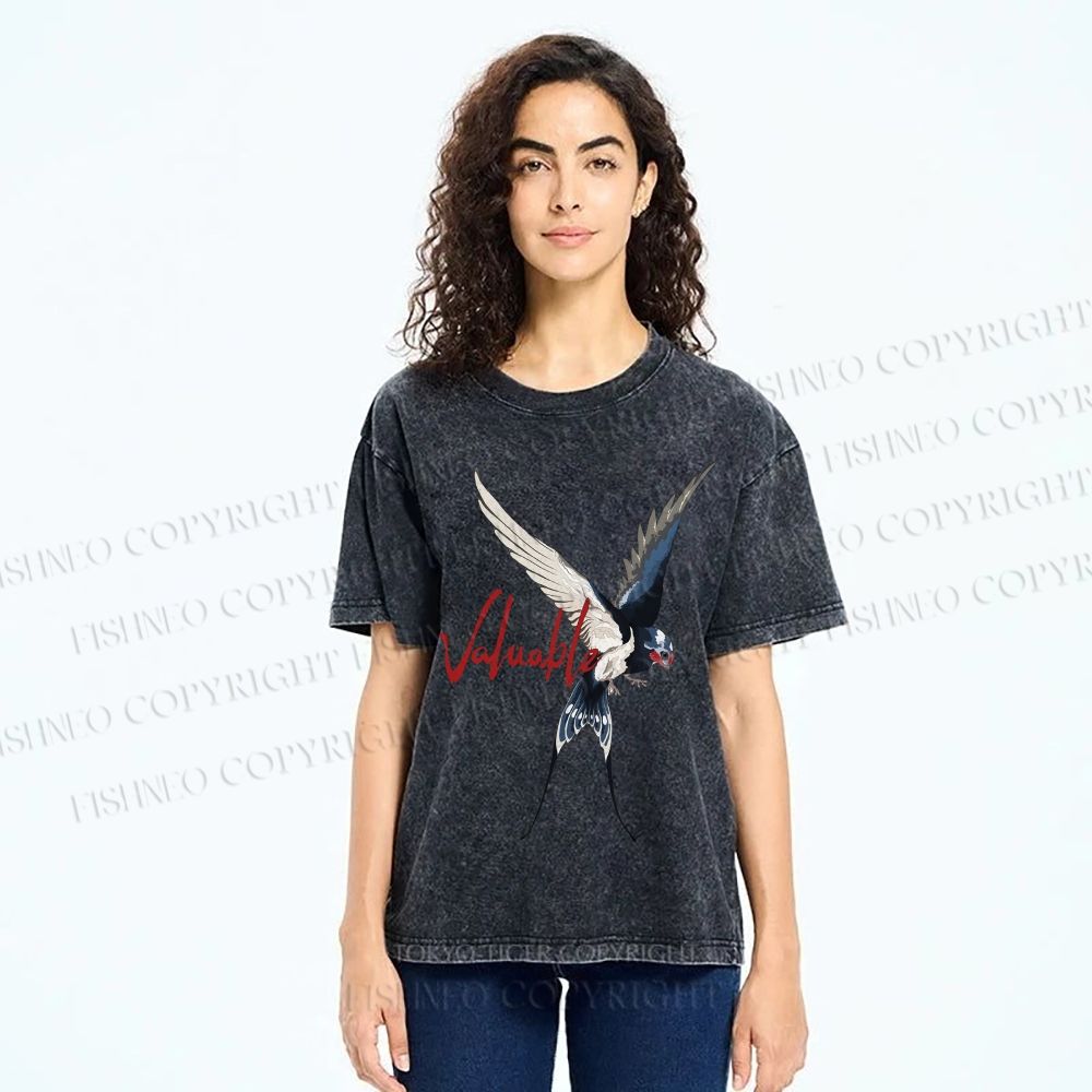 Unisex Flying Swallow Valuable Art Printed Washed Tee