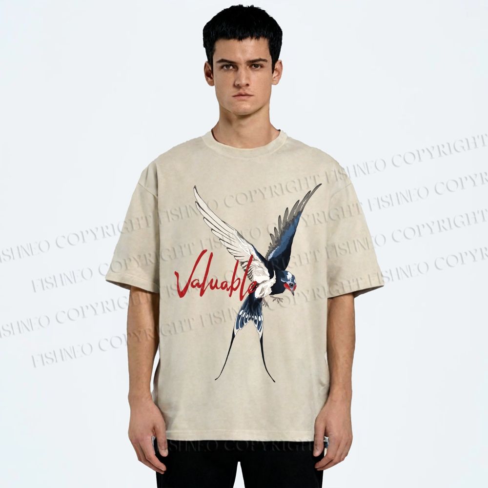 Unisex Flying Swallow Valuable Art Printed Washed Tee