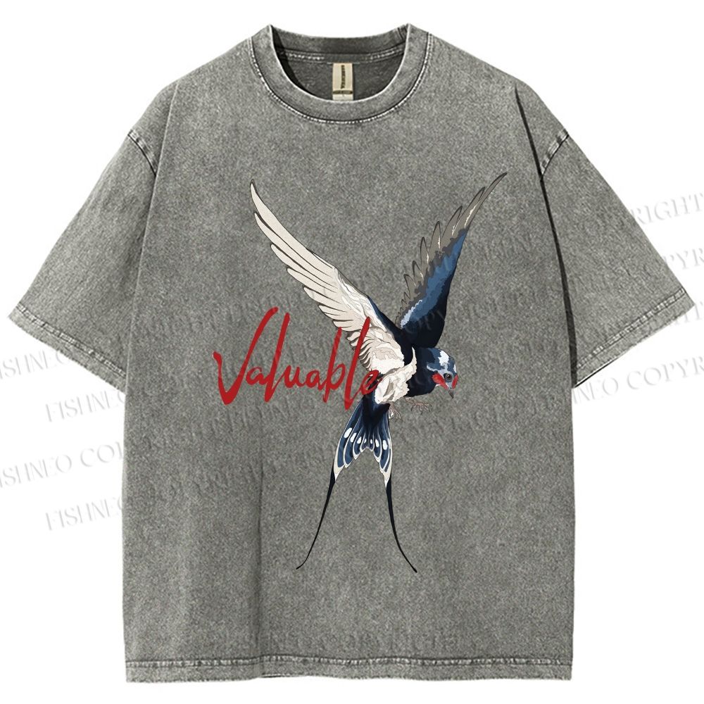 Unisex Flying Swallow Valuable Art Printed Washed Tee