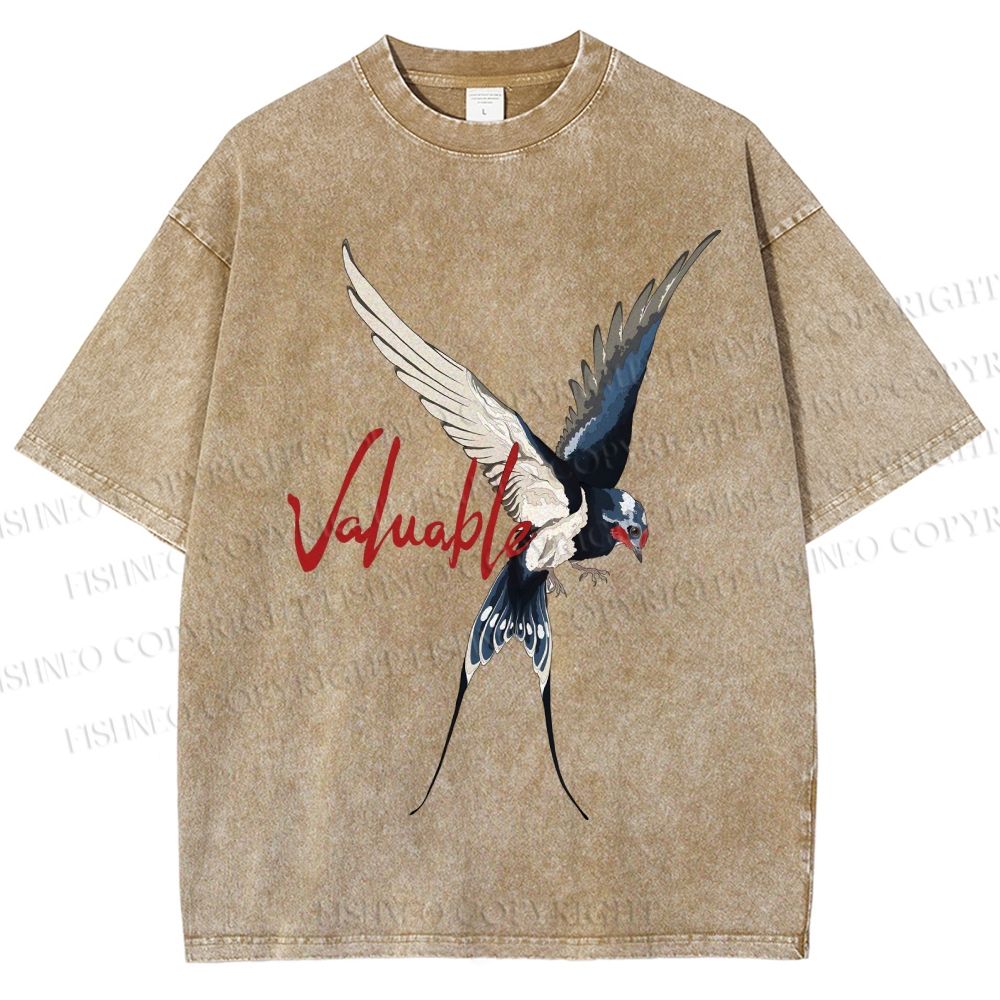 Unisex Flying Swallow Valuable Art Printed Washed Tee