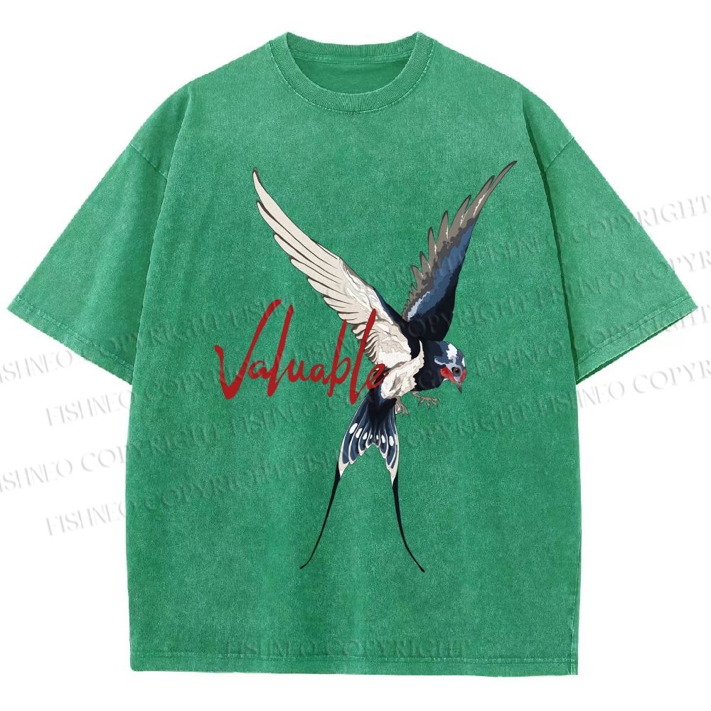 Unisex Flying Swallow Valuable Art Printed Washed Tee