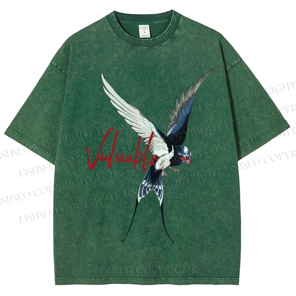 Unisex Flying Swallow Valuable Art Printed Washed Tee