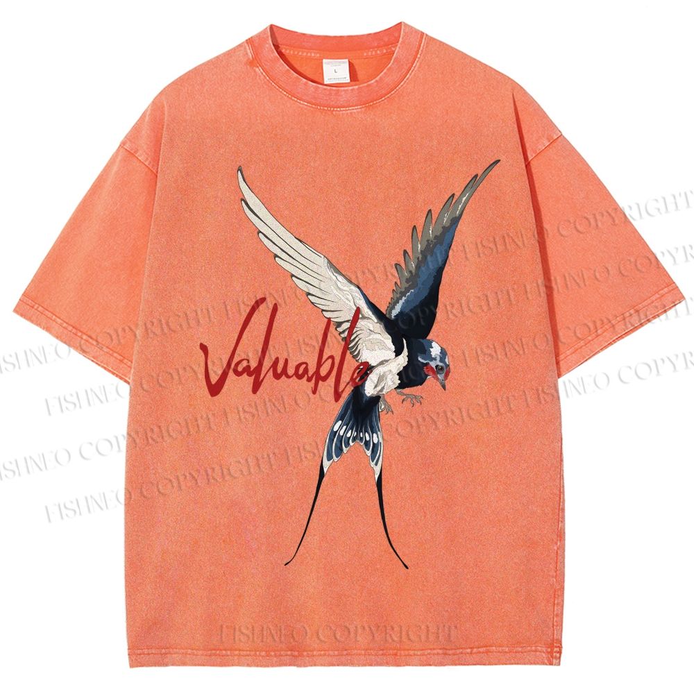 Unisex Flying Swallow Valuable Art Printed Washed Tee