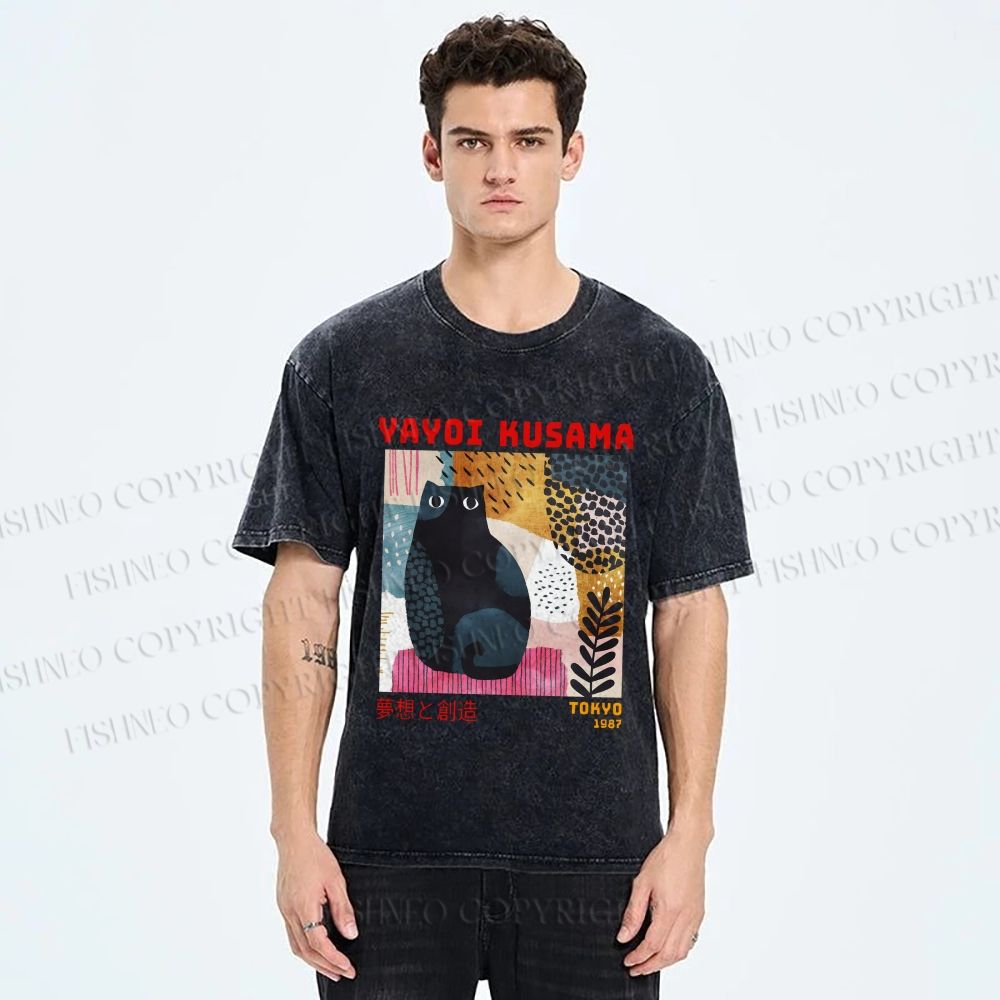 Unisex Yayoi Kusama 1987 Tokyo Dream Cat Printed Washed Tee