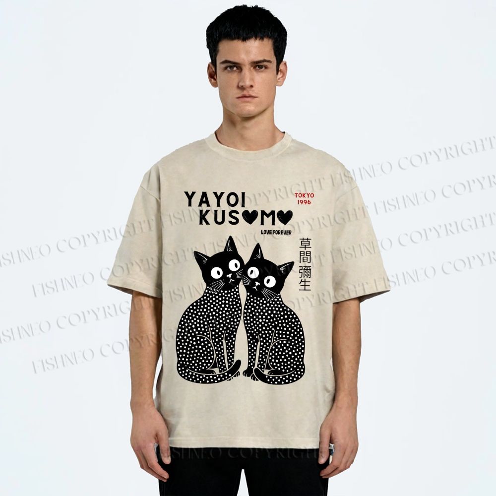Unisex Yayoi Kusama Heart Polka Dot Cat Printed Washed Tee