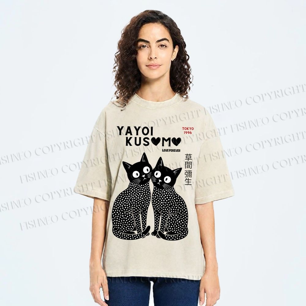 Unisex Yayoi Kusama Heart Polka Dot Cat Printed Washed Tee