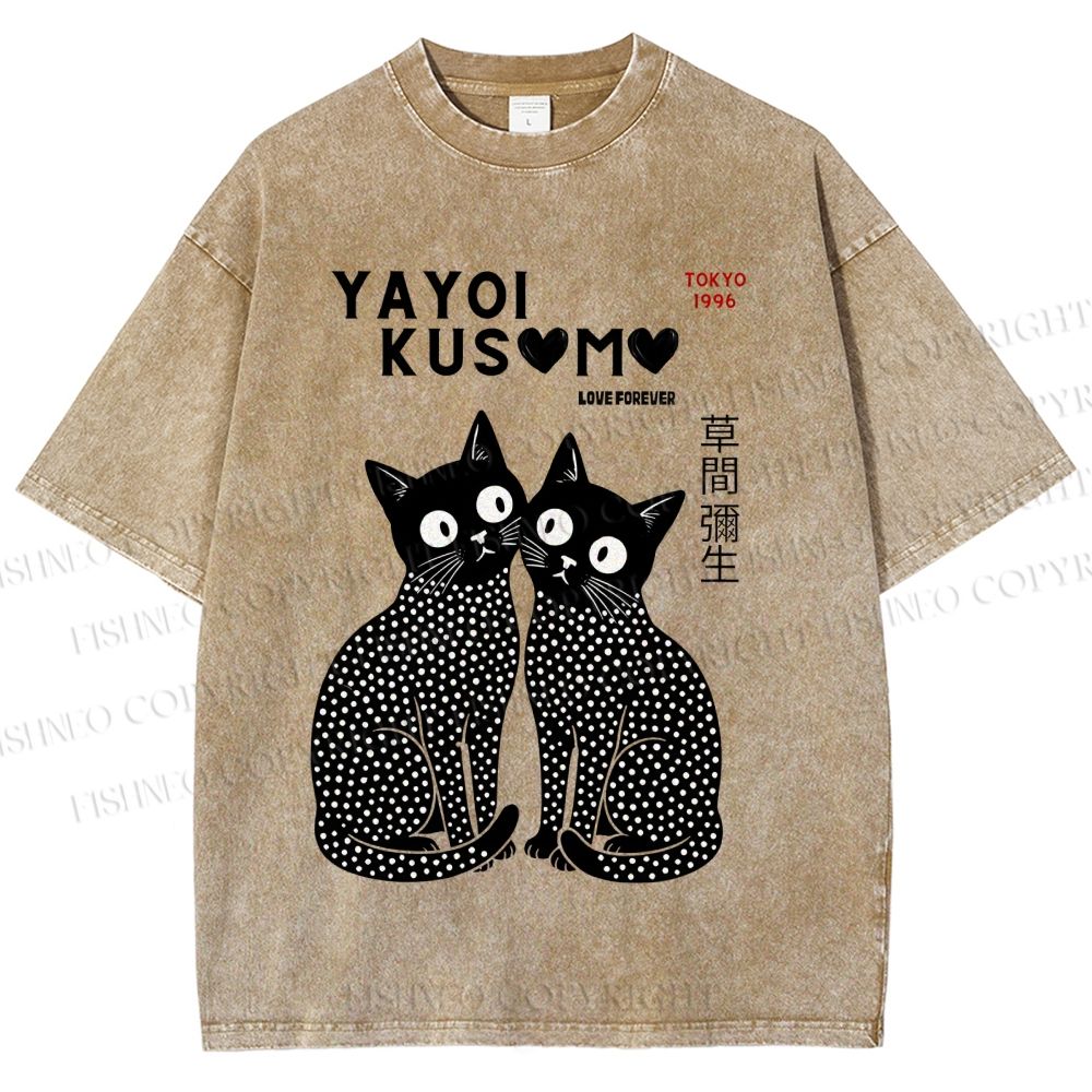 Unisex Yayoi Kusama Heart Polka Dot Cat Printed Washed Tee