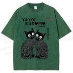Unisex Yayoi Kusama Heart Polka Dot Cat Printed Washed Tee