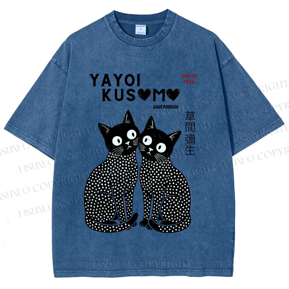 Unisex Yayoi Kusama Heart Polka Dot Cat Printed Washed Tee