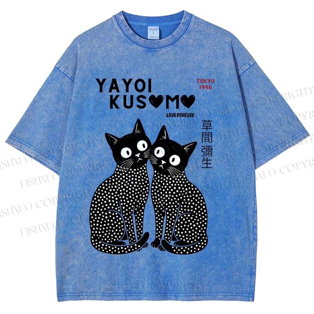 Unisex Yayoi Kusama Heart Polka Dot Cat Printed Washed Tee