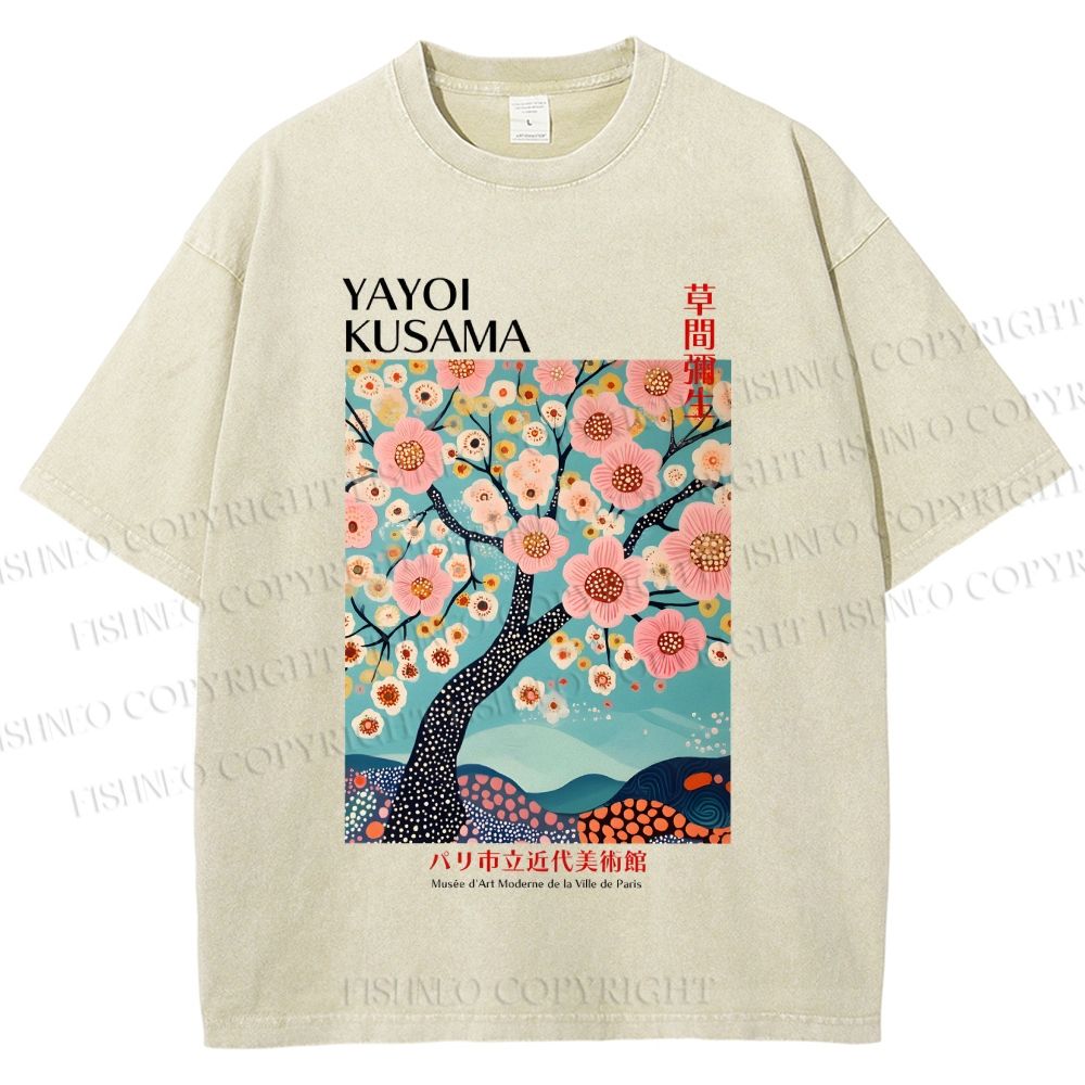 Unisex Yayoi Kusama Cherry Blossom Tree Printed Washed Tee