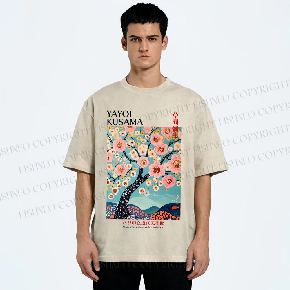Unisex Yayoi Kusama Cherry Blossom Tree Printed Washed Tee