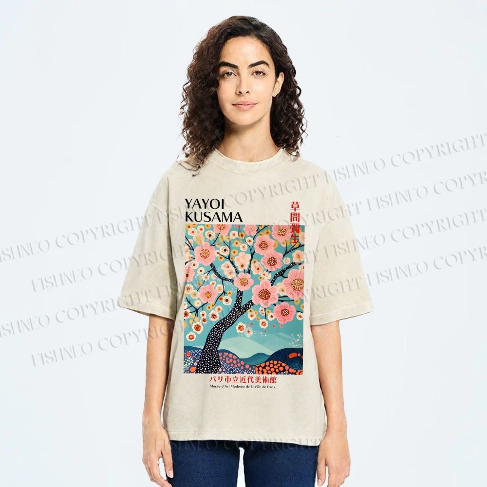 Unisex Yayoi Kusama Cherry Blossom Tree Printed Washed Tee