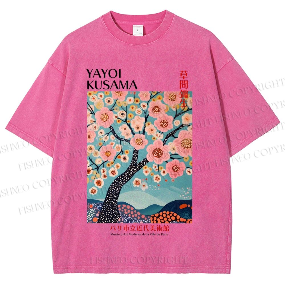 Unisex Yayoi Kusama Cherry Blossom Tree Printed Washed Tee