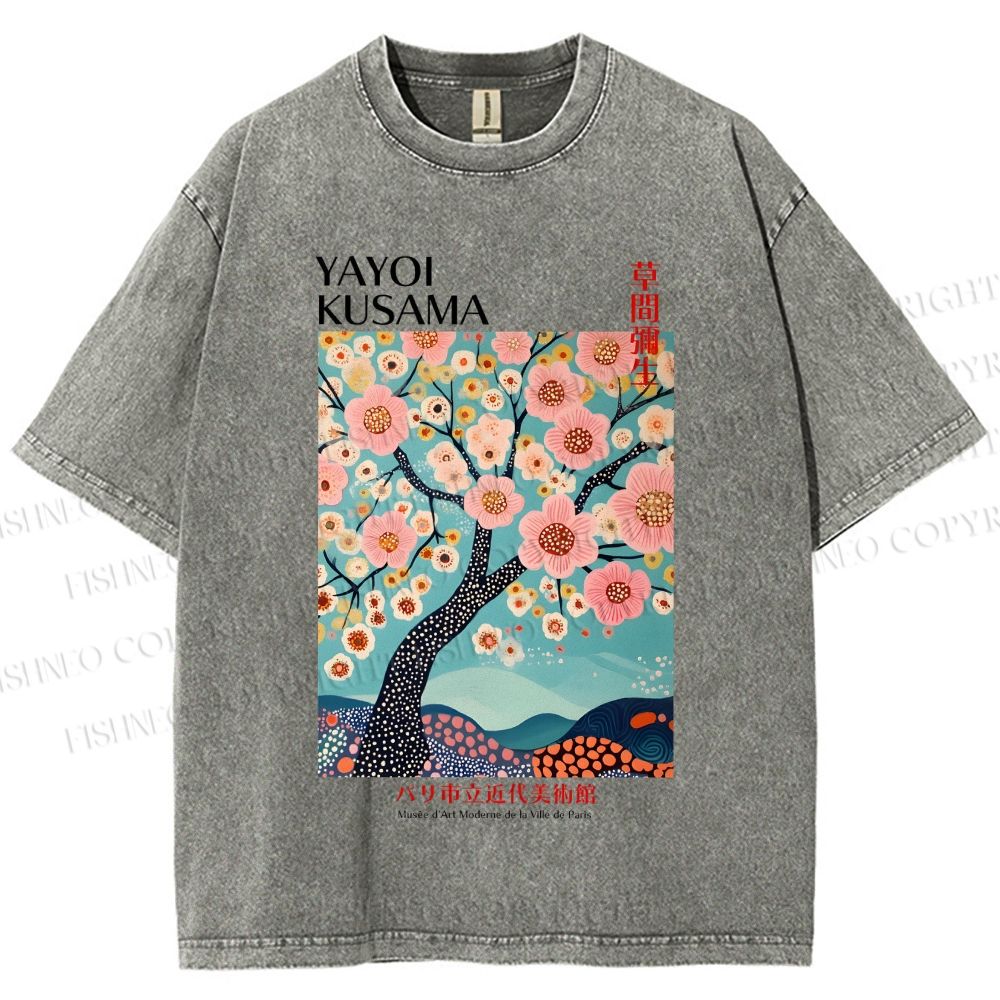 Unisex Yayoi Kusama Cherry Blossom Tree Printed Washed Tee