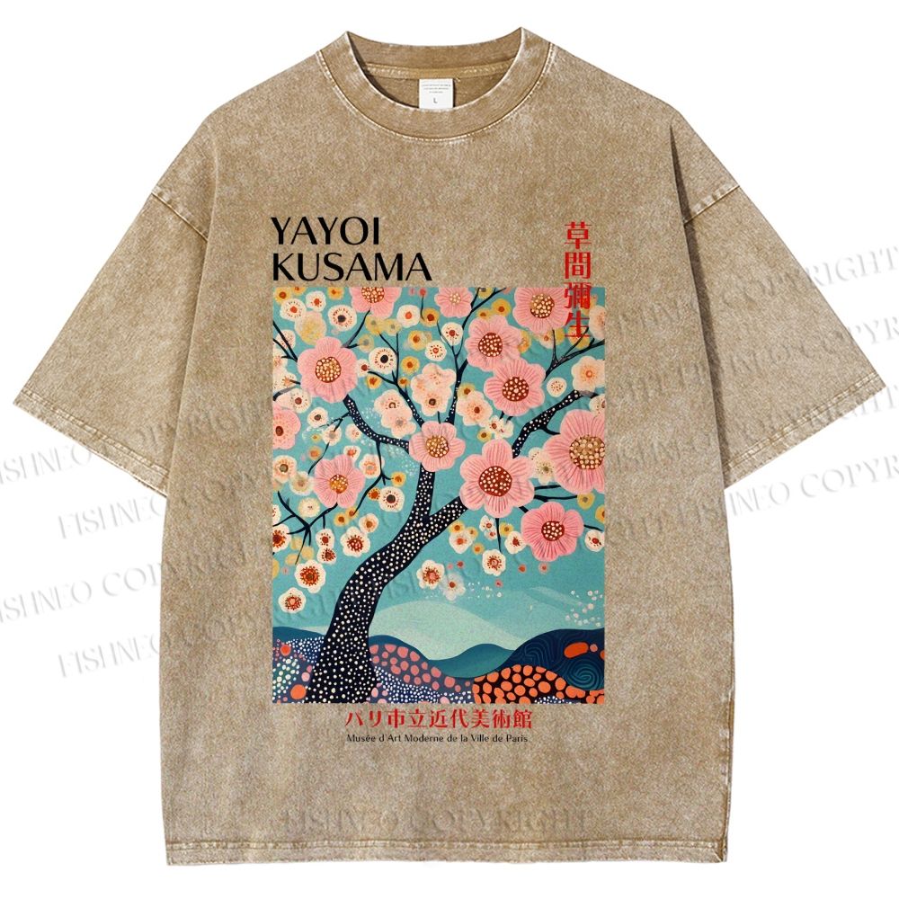 Unisex Yayoi Kusama Cherry Blossom Tree Printed Washed Tee