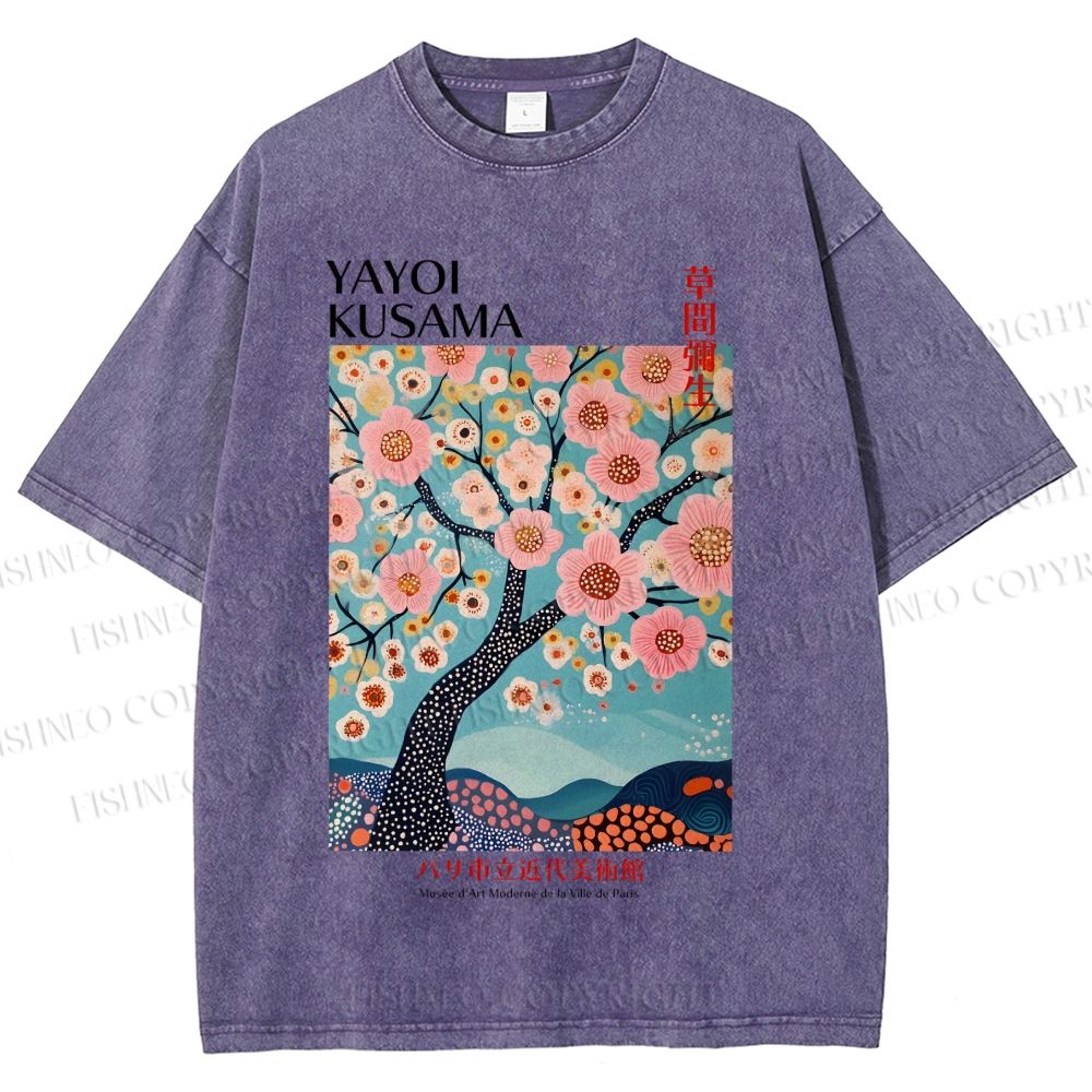 Unisex Yayoi Kusama Cherry Blossom Tree Printed Washed Tee