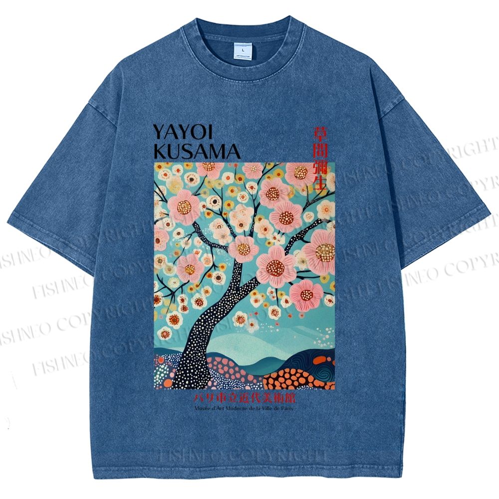 Unisex Yayoi Kusama Cherry Blossom Tree Printed Washed Tee